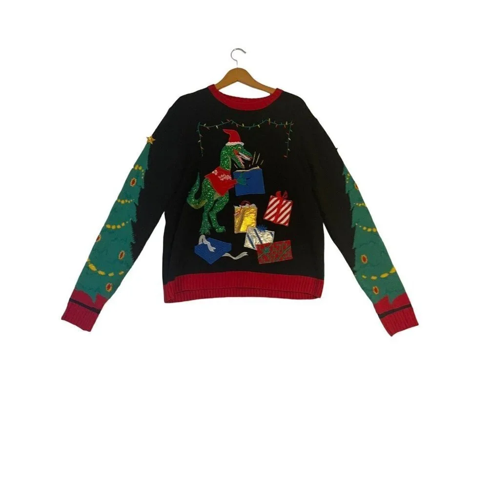 VELOCIRAPTOR Dino PRESENTS Ugly CHRISTMAS SWEATER Mens SIZE L Used